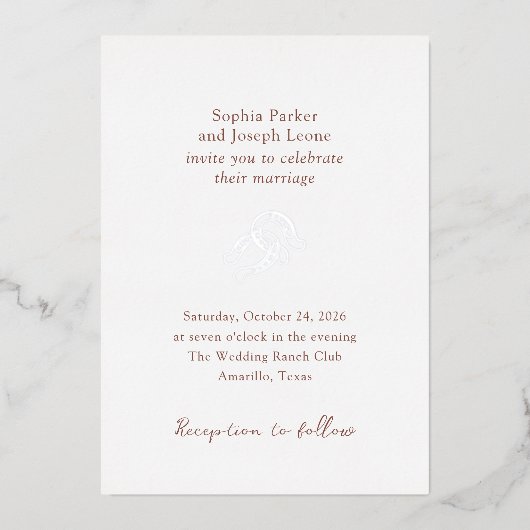 Minimaal Hoefijzer | Rustic Brown Wedding Zilver Folie Uitnodiging (Voorkant)