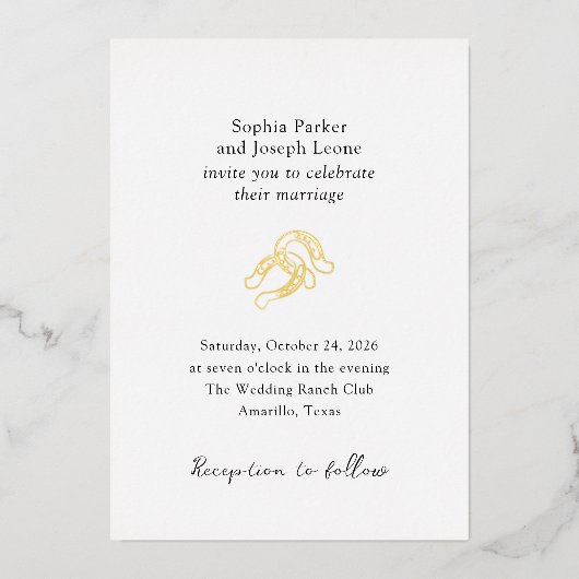 Minimaal Hoefijzer | Zwart-wit Bruiloft Goud Folie Uitnodiging (Voorkant)