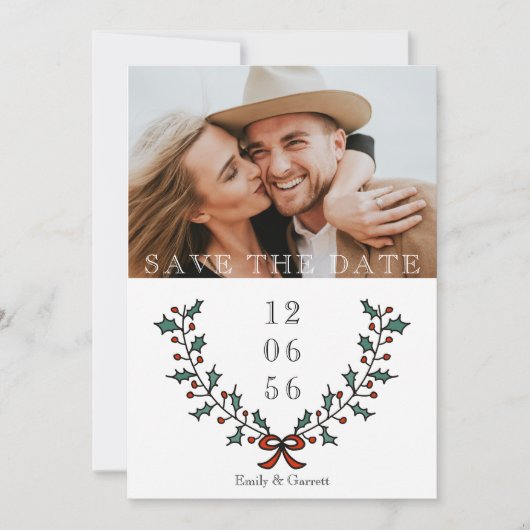 Minimaal Holly Berry Holiday Foto Kerstmis Save The Date (Voorkant)