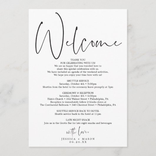 Minimaal huwelijksreisprogramma - huwelijksontvang programmakaart (Voorkant)