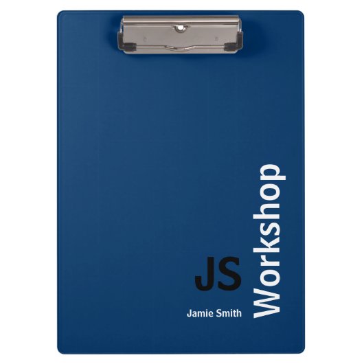 Minimaal Initialen Zwart Blauw Wit Workshop Klembord (Voorkant)