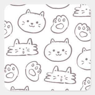 Minimaal Kat Doodle Patroon – Kawaii Kitty Gezicht Vierkante Sticker