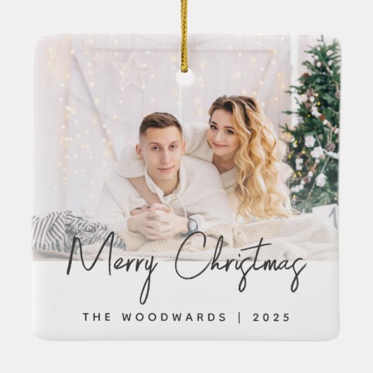 Minimaal kerstgrijs fotoscript keramisch ornament (Achterkant)