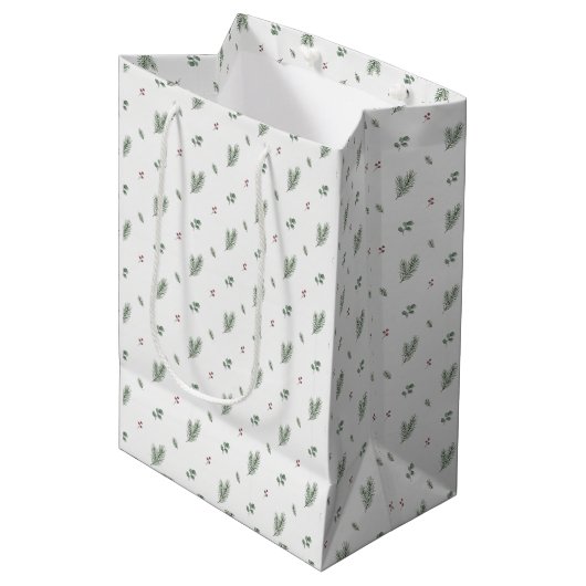 Minimaal kerstpatroon, dennen, bessen medium cadeauzakje (Voorkant Gekanteld)