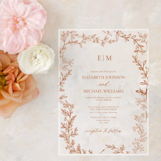 Minimaal leder verbrand Oranje legant monogram bru Acryl Uitnodigingen