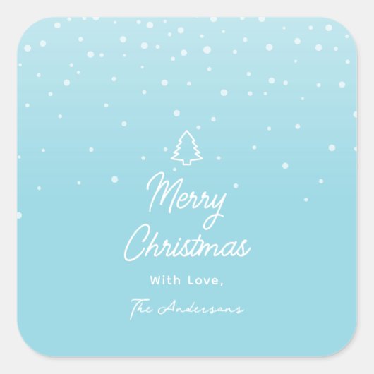 Minimaal licht pastelblauw besneeuwd vrolijk kerst vierkante sticker (Voorkant)