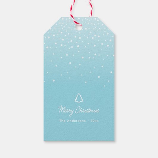 Minimaal licht pastelblauw besneeuwde kerstboom cadeaulabel (Achterkant)