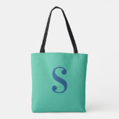 Minimaal lichtgroen met groot blauw marinemonogram tote bag (Achterkant)