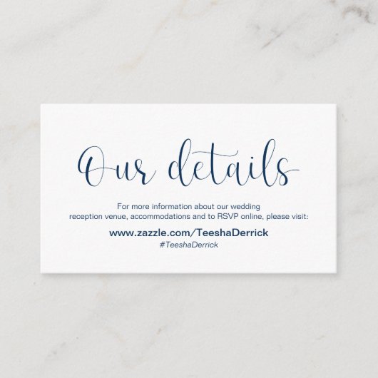 Minimaal, marineblauw lettertype, huwelijksdetails informatiekaartje (Voorkant)