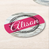 Minimaal marmerontwerp voeg naamtekst toe ronde kartonnen onderzetter (Gebogen)