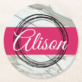 Minimaal marmerontwerp voeg naamtekst toe ronde kartonnen onderzetter