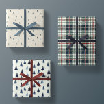 Minimaal Masculine Blue Christmas Wrapping Paper<br><div class="desc">Minimaal Masculine Blue Christmas Wrapping Paper Sheets — Het ultieme kerstcadeaupapier voor meneer. Deze set bevat drie (3) vellen cadeaupapier,  elk met een uniek ontwerp. Graphics omvatten silhouetten van skiërs ⛷️,  waterverf sparren / pijnbomen,  en een prachtige marineblauwe en rode vakantieplaid.</div>