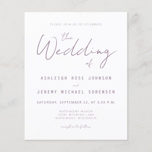 Minimaal mauve script bruiloft uitnodiging (Voorkant)