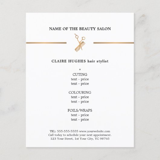 Minimaal menu Faux Gold Scissors Comb Haarstylist (Voorkant)