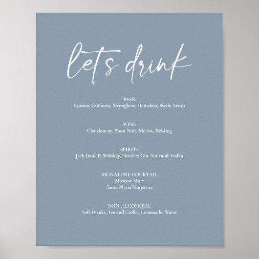 Minimaal menu Stusty Blue Modern Wedding Drink Bar Poster (Voorkant)