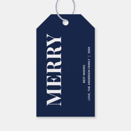 Minimaal MERRY | Marineblauw vakantie Cadeaulabel (Voorkant)
