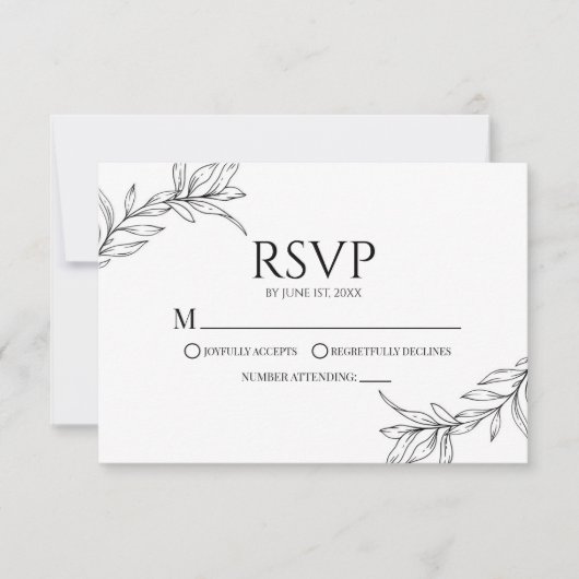 Minimaal Minimalistische Zwarte Witte Tak Blad Bru RSVP Kaartje (Voorkant)