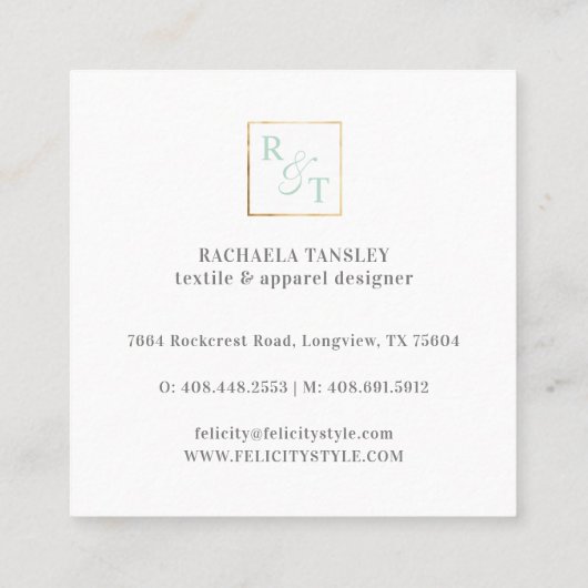 Minimaal Mint & Wit Geometisch Patroon Monogram Vierkante Visitekaartje (Achterkant)