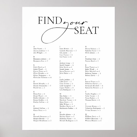 Minimaal Modern Alfabetisch Vind uw Seat Bruiloft Poster (Voorkant)