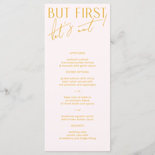 Minimaal modern Blush PInk & Yellow Wedding Menu (Voorkant)