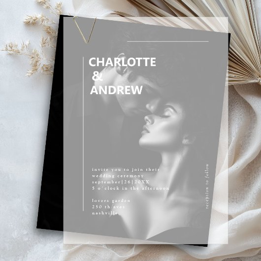 Minimaal, modern, bruiloft, vellum uitnodigingen