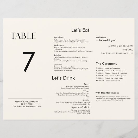 Minimaal Modern Drievoudig Trouwtafel Nummer Menu (Voorkant)