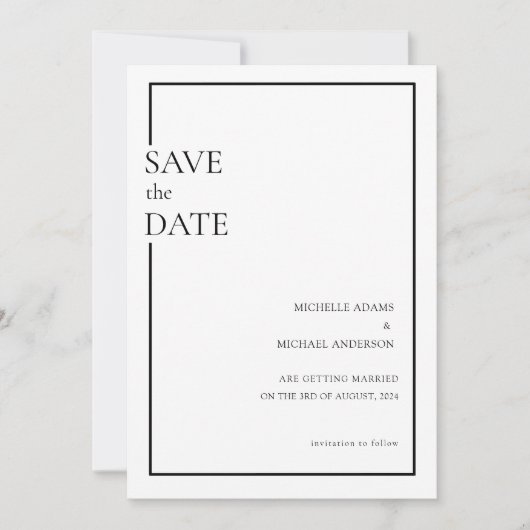 Minimaal modern formeel zwart schrift save the dat date (Voorkant)