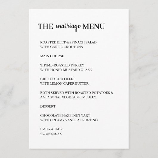 Minimaal Modern Huwelijksontwerp Menu (Voorkant)