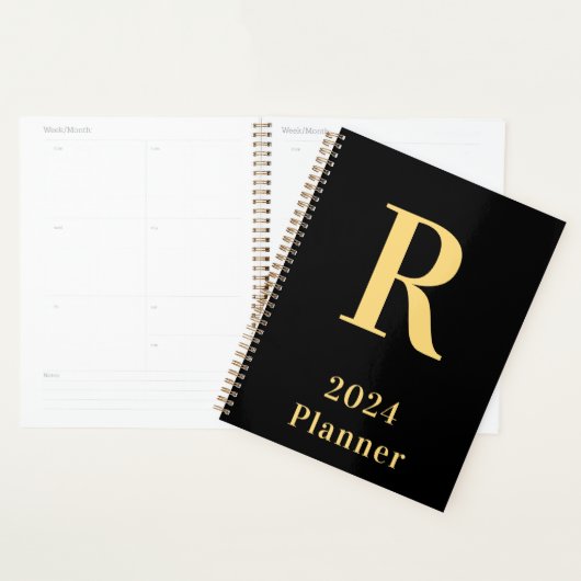Minimaal modern monogram zwart goud 2024 planner (Display)