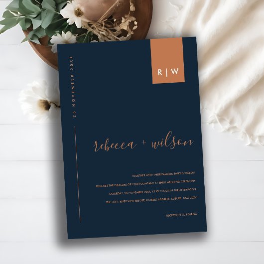 MINIMAAL MODERN NAVY BLUE RUST TYPOGRAPHY WEDING KAART