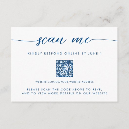 Minimaal Modern Navy Blue Scan Me QR RSVP Informatiekaartje (Voorkant)