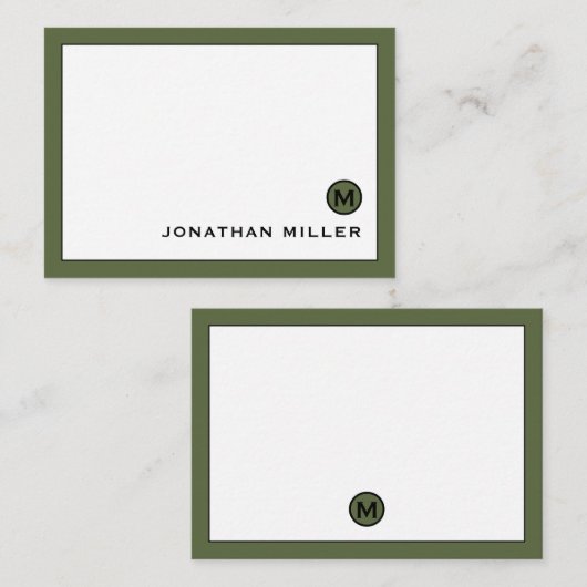 Minimaal modern olive groen monogram notitiekaartje (Voorkant / Achterkant)