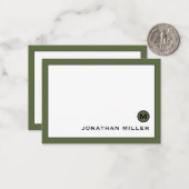 Minimaal modern olive groen monogram notitiekaartje (Voorkant / Achterkant in situ)