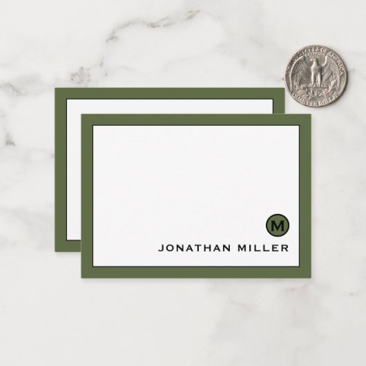 Minimaal modern olive groen monogram notitiekaartje (Voorkant / Achterkant in situ)