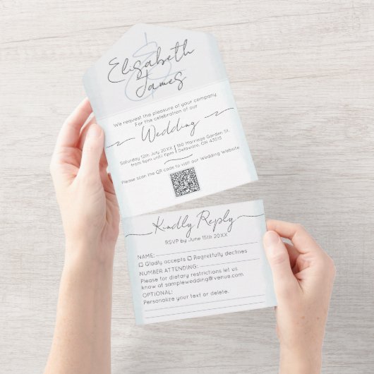 Minimaal & Modern Poederblauw Aquarel Bruiloft All In One Uitnodiging (Afscheurbaar)