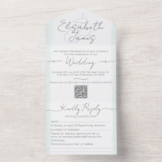 Minimaal & Modern Poederblauw Aquarel Bruiloft All In One Uitnodiging (Binnen)