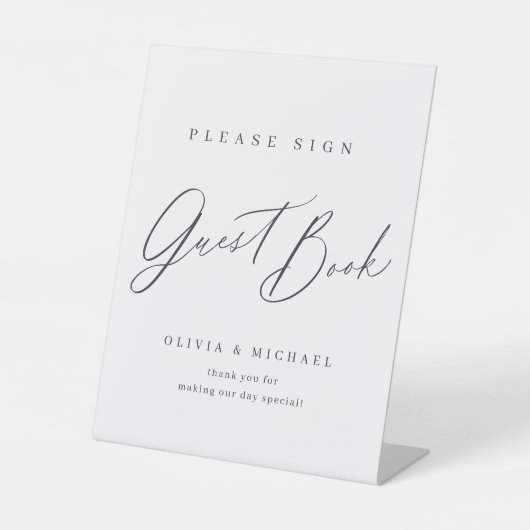 Minimaal modern script bruiloft gastenboek reclamebord met voetstuk (Voorkant)