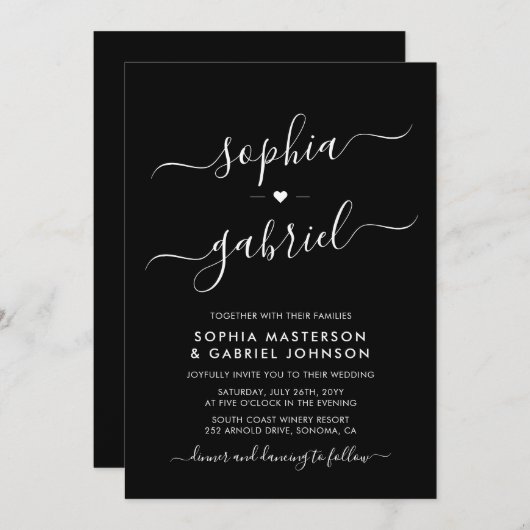 Minimaal Modern Script Monogram Zwart Bruiloft Kaart (Voorkant / Achterkant)