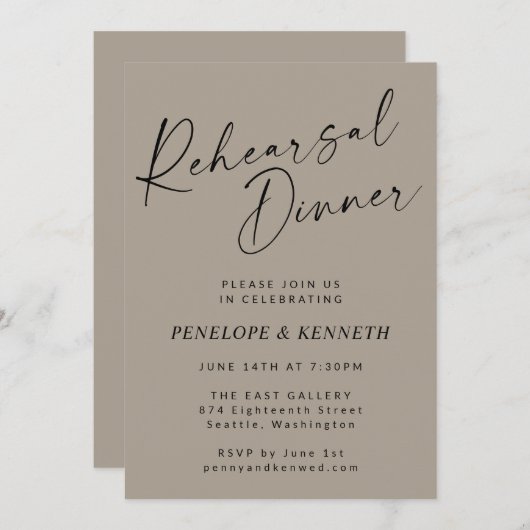 Minimaal Modern Taupe Brown Script repetitie diner Kaart (Voorkant / Achterkant)