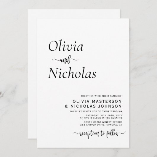 Minimaal Modern Typografie Script Monogram Bruilof Kaart (Voorkant / Achterkant)