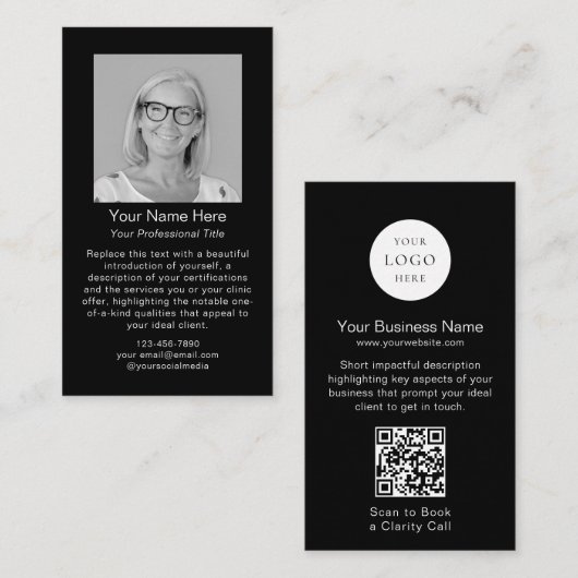 Minimaal Modern Zwart Wit Logo QR Code Foto Visitekaartje (Voorkant / Achterkant)