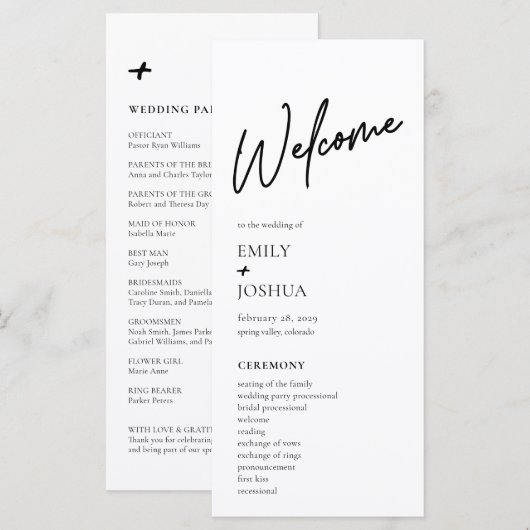 Minimaal Modern Zwart Witte Huwelijksprogramma Programmakaart (Voorkant / Achterkant)