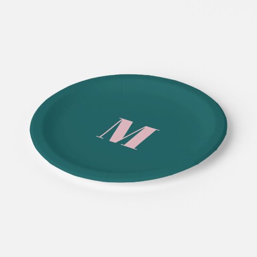 Minimaal monogram beginletter groen roze papieren bordje (Gekanteld)