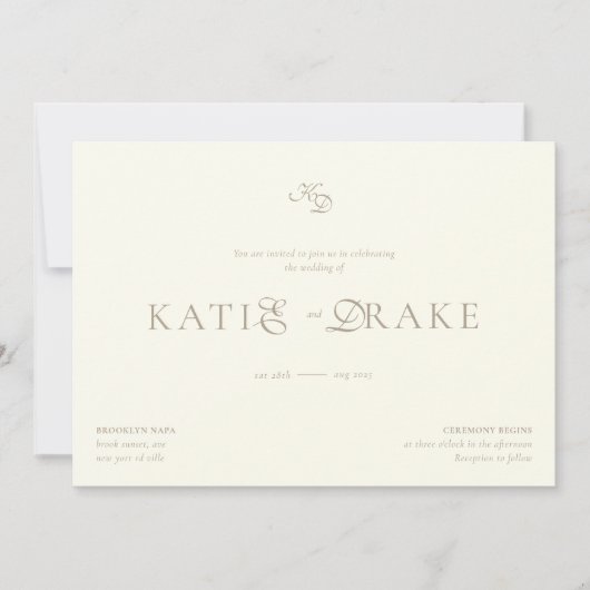 Minimaal Monogram Crème Ivoor Script Bruiloft Kaart (Voorkant)