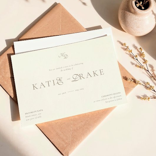 Minimaal Monogram Crème Ivoor Script Bruiloft Kaart