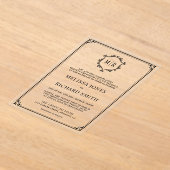 Minimaal Monogram Crest Frame Zwart Trouwfeest Acryl Uitnodigingen (Laagn)