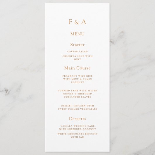 Minimaal Monogram Eenvoudig Gouden Script Trouwtaf Menu (Voorkant)