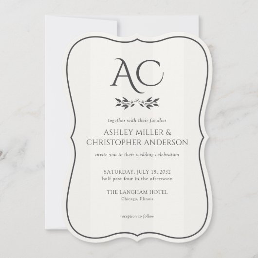 Minimaal Monogram Gestreept Wit All-in-One Huwelij Kaart (Voorkant)