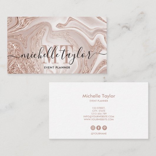 Minimaal monogram goudmarmer van roos visitekaartje (Voorkant / Achterkant)