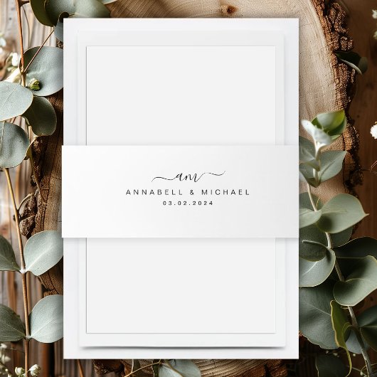 Minimaal, Monogram, Handschriftdoopvont, Huwelijk Uitnodigingen Wikkel